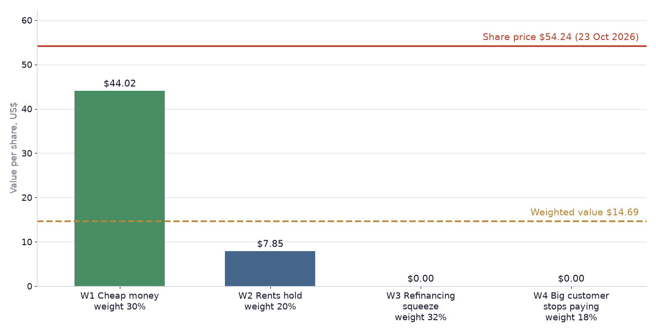 Bar chart: W1 $44.02, W2 $7.85, W3 and W4 $0, weighted value $14.69, against the share price line at $54.24